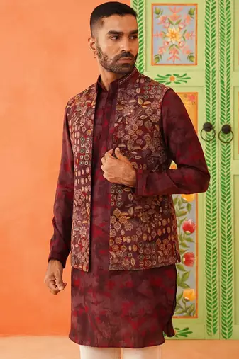 Maroon printed jacket kurta set