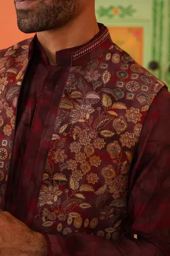 Maroon printed jacket kurta set