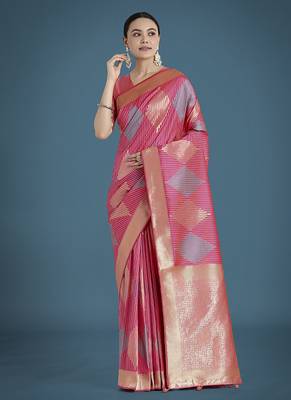Light pink colour banarasi satin silk blend zari weaving saree 1