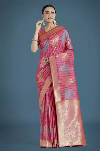 Light pink colour banarasi satin silk zari weaving classic saree
