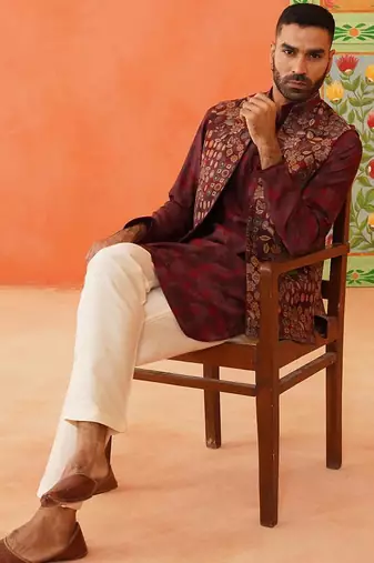 Maroon printed jacket kurta set