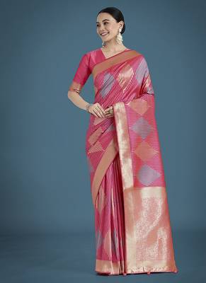 Light pink colour banarasi satin silk blend zari weaving saree 2