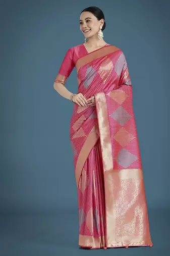 Light pink colour banarasi satin silk blend zari weaving saree