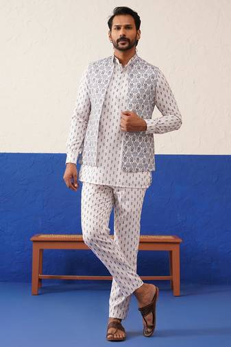 White printed jacket kurta set
