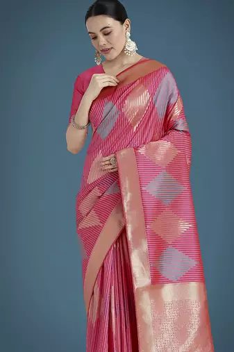 Light pink colour banarasi satin silk blend zari weaving saree
