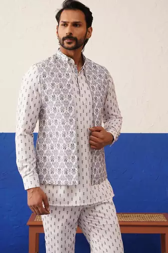 White printed jacket kurta set