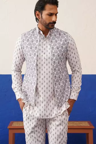 White printed jacket kurta set