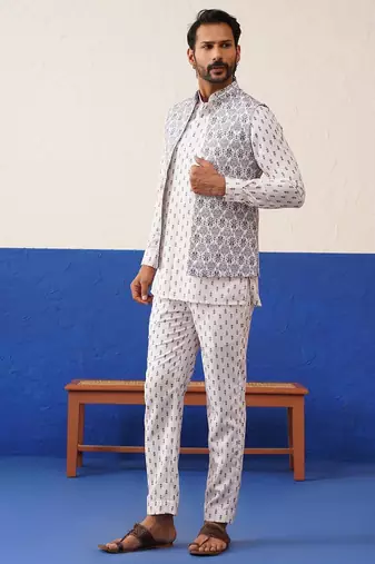 White printed jacket kurta set