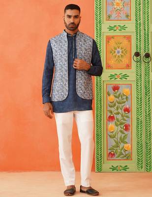 Blue pasley print jacket kurta set 1