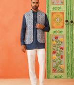 Blue pasley print jacket kurta set