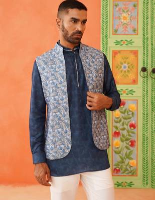 Blue pasley print jacket kurta set 2