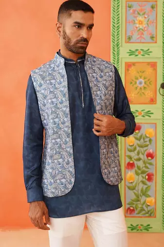 Blue pasley print jacket kurta set