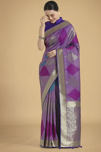 Lavender colour banarasi satin silk zari weaving classic saree