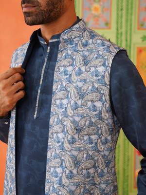 Blue pasley print jacket kurta set 3