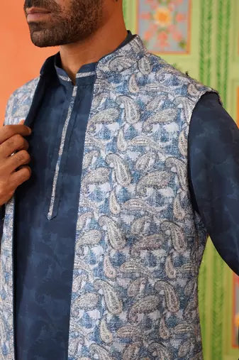 Blue pasley print jacket kurta set