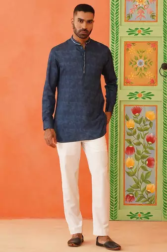 Blue pasley print jacket kurta set