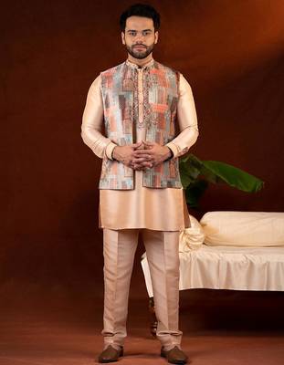 Champagne gold front open bundi with front embroidered kurta set 1