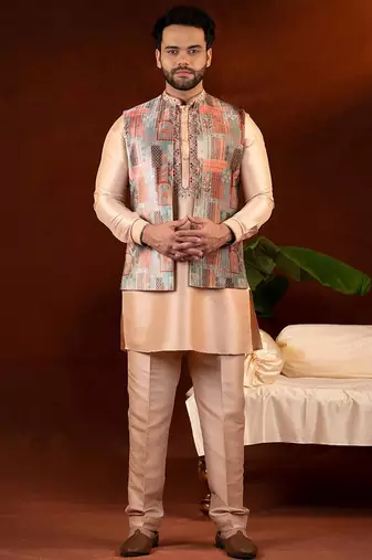 Champagne gold front open bundi with front embroidered kurta set