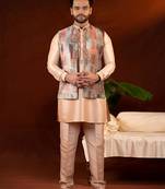 Champagne gold front open bundi with front embroidered kurta set