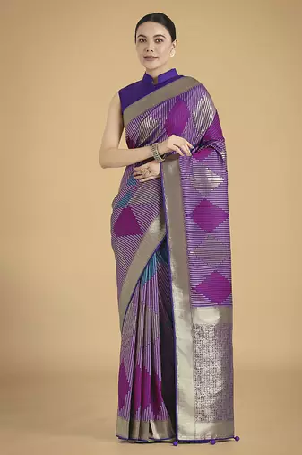 Lavender colour banarasi satin silk blend zari weaving saree