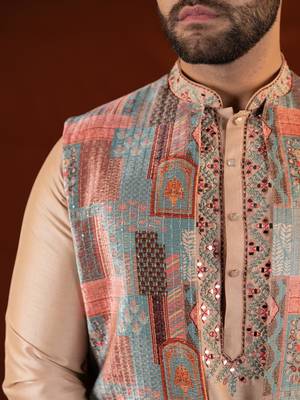 Champagne gold front open bundi with front embroidered kurta set 2