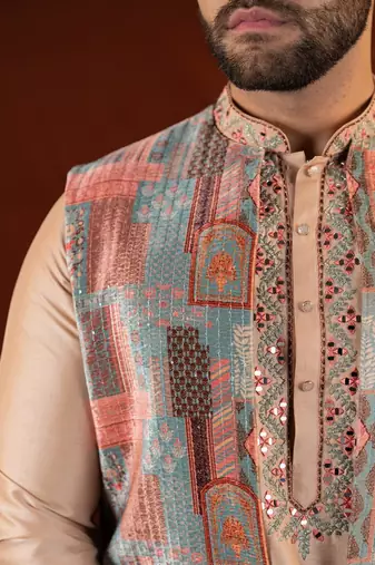 Champagne gold front open bundi with front embroidered kurta set