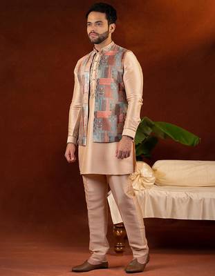 Champagne gold front open bundi with front embroidered kurta set 3