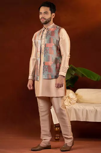 Champagne gold front open bundi with front embroidered kurta set