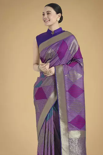 Lavender colour banarasi satin silk blend zari weaving saree