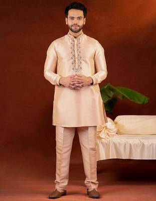 Champagne gold front open bundi with front embroidered kurta set 4