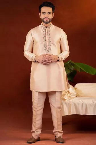 Champagne gold front open bundi with front embroidered kurta set