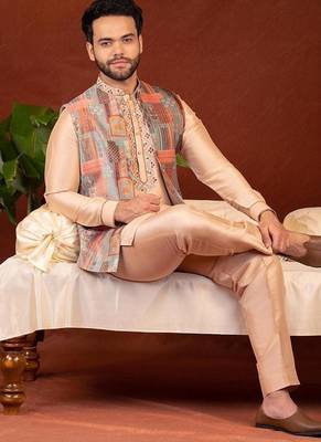Champagne gold front open bundi with front embroidered kurta set 5