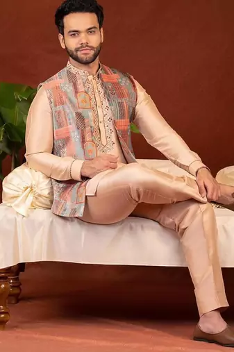 Champagne gold front open bundi with front embroidered kurta set