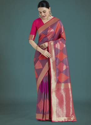 Pink colour banarasi satin silk blend zari weaving saree 1