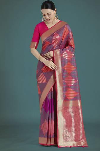 Pink colour banarasi satin silk zari weaving classic saree