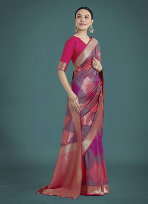 Pink colour banarasi satin silk blend zari weaving saree 2