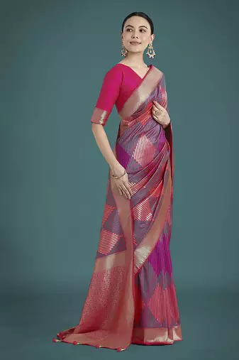 Pink colour banarasi satin silk blend zari weaving saree