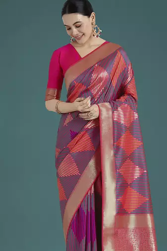 Pink colour banarasi satin silk blend zari weaving saree