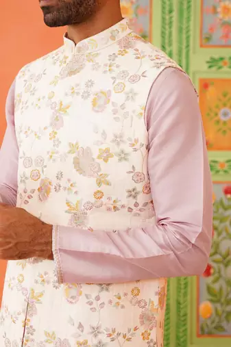 Multi colour resham work bundi kurta set