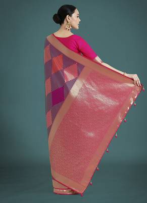 Pink colour banarasi satin silk blend zari weaving saree 4