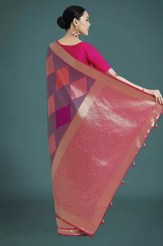 Pink colour banarasi satin silk blend zari weaving saree