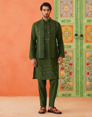 Green embroidery kurta jacket set 2
