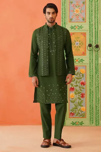 Green embroidery kurta jacket set