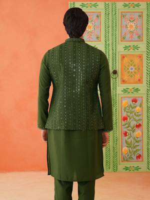 Green embroidery kurta jacket set 3