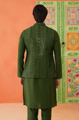 Green embroidery kurta jacket set