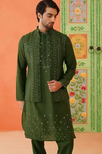 Green embroidery kurta jacket set