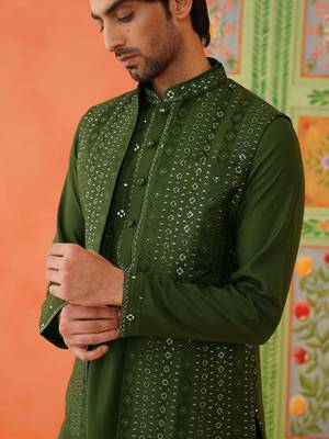 Green embroidery kurta jacket set 5