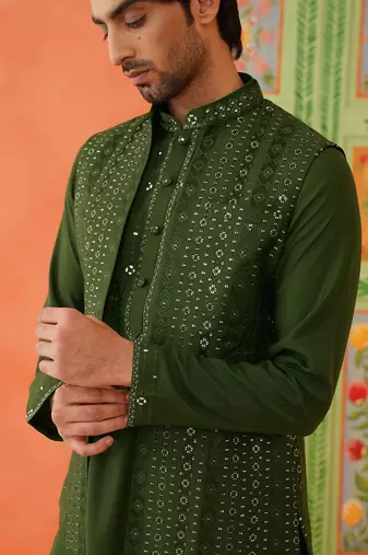 Green embroidery kurta jacket set