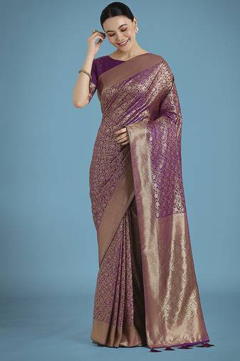 Dark purple color baanrasi satin silk saree for wedding functions