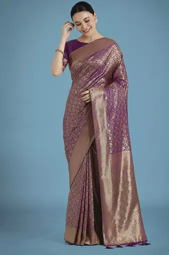 Dark purple color baanrasi satin silk saree for wedding functions